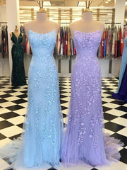 Homecoming Dresses With Sleeves, Trumpet/Mermaid Scoop Neck Sleeveless Sweep Train Lace Prom Dress With Crystal