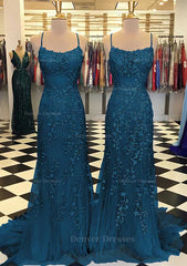 Homecomming Dresses Bodycon, Trumpet/Mermaid Scoop Neck Sleeveless Sweep Train Lace Prom Dress With Crystal