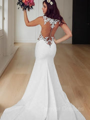 Wedding Dresses A Line, Trumpet/Mermaid Scoop Sweep Train Stretch Crepe Wedding Dresses With Appliques Lace