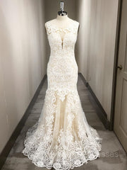 Wedding Dress Under, Trumpet/Mermaid Scoop Sweep Train Tulle Wedding Dresses With Appliques Lace