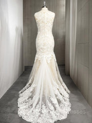 Wedding Dresses Chic, Trumpet/Mermaid Scoop Sweep Train Tulle Wedding Dresses With Appliques Lace