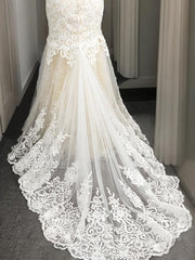 Wedding Dresses Sleeves, Trumpet/Mermaid Scoop Sweep Train Tulle Wedding Dresses With Appliques Lace