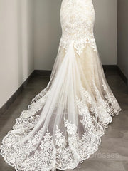 Wedding Dress Fall, Trumpet/Mermaid Scoop Sweep Train Tulle Wedding Dresses With Appliques Lace
