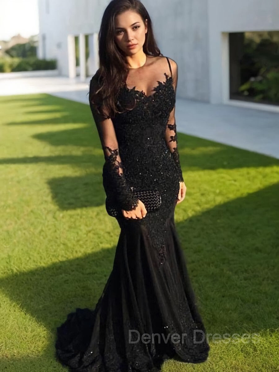 Homecoming Dress Beautiful, Trumpet/Mermaid Sheer Neck Sweep Train Tulle Evening Dresses With Appliques Lace