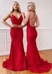 Elegant Dress For Women, Trumpet/Mermaid Sleeveless Sweep Train Lace Prom Dress With Pleated
