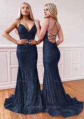 Long Dress Outfit, Trumpet/Mermaid Sleeveless Sweep Train Lace Prom Dress With Pleated