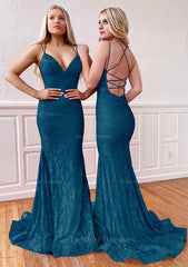 Long Formal Dress, Trumpet/Mermaid Sleeveless Sweep Train Lace Prom Dress With Pleated