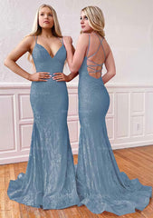 Prom Dress Sleeve, Trumpet/Mermaid Sleeveless Sweep Train Lace Prom Dress With Pleated