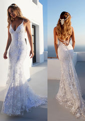 Bridesmaids Dresses Short, Trumpet/Mermaid Spaghetti Straps Court Train Lace Prom Dress