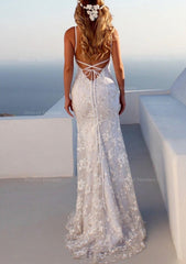 Bridesmaid Dress Short, Trumpet/Mermaid Spaghetti Straps Court Train Lace Prom Dress