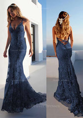 Bridesmaides Dresses Short, Trumpet/Mermaid Spaghetti Straps Court Train Lace Prom Dress