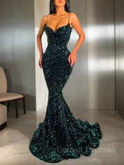 Party Dresses Near Me, Trumpet/Mermaid Spaghetti Straps Sweep Train Velvet Sequins Evening Dresses