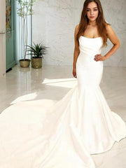 Wedding Dress For Bridesmaid, Trumpet/Mermaid Strapless Court Train Satin Wedding Dresses
