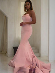 Bridesmaid Dress By Color, Trumpet/Mermaid Strapless Sweep Train Charmeuse Prom Dresses With Ruffles