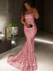 Prom Dress Country, Trumpet/Mermaid Strapless Sweep Train Sequins Prom Dresses