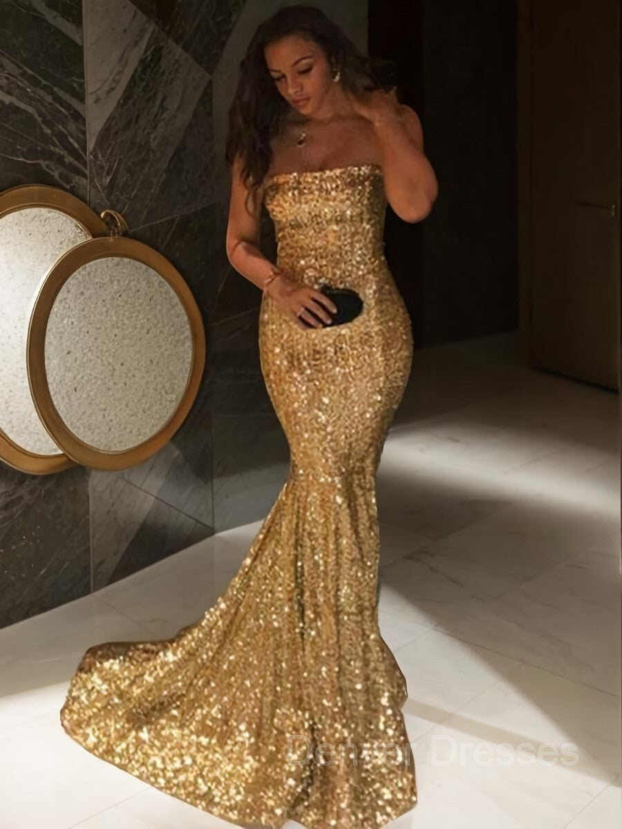 Prom Dress Champagne, Trumpet/Mermaid Strapless Sweep Train Sequins Prom Dresses