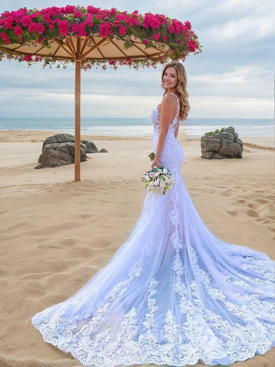 Wedding Dresses Vintage, Trumpet/Mermaid Straps Court Train Tulle Wedding Dresses With Appliques Lace