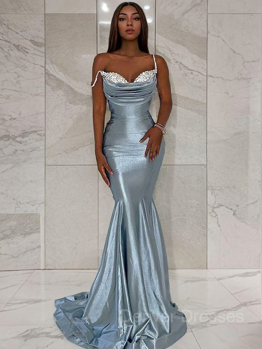 Evening Dress Long, Trumpet/Mermaid Straps Sweep Train Prom Dresses With Ruffles