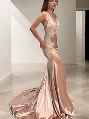 Prom Dress Designs, Trumpet/Mermaid Straps Sweep Train Silk like Satin Prom Dresses