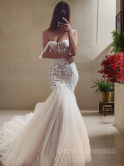 Wedding Dresses For Bridesmaids, Trumpet/Mermaid Straps Cathedral Train Tulle Wedding Dresses With Appliques Lace