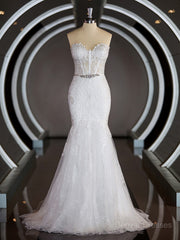 Weddings Dresses Simple, Trumpet/Mermaid Sweetheart Court Train Tulle Wedding Dresses with Appliques Lace