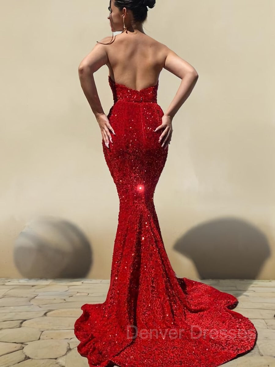 Prom Dress With Pockets, Trumpet/Mermaid Sweetheart Court Train Velvet Sequins Prom Dresses With Ruffles