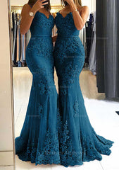 Bridesmaides Dresses Short, Trumpet/Mermaid Sweetheart Sleeveless Long/Floor-Length Tulle Prom Dress With Appliqued
