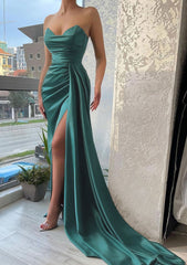 Prom Dresses Elegant, Trumpet/Mermaid Sweetheart Strapless Court Train Satin Prom Dress With Pleated Split