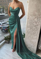 Prom Dresses On Sale, Trumpet/Mermaid Sweetheart Strapless Court Train Satin Prom Dress With Pleated Split