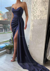 Prom Dress 2048, Trumpet/Mermaid Sweetheart Strapless Court Train Satin Prom Dress With Pleated Split
