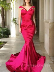 Formal Dresses And Gowns, Trumpet/Mermaid Sweetheart Sweep Train Elastic Woven Satin Prom Dresses With Ruffles
