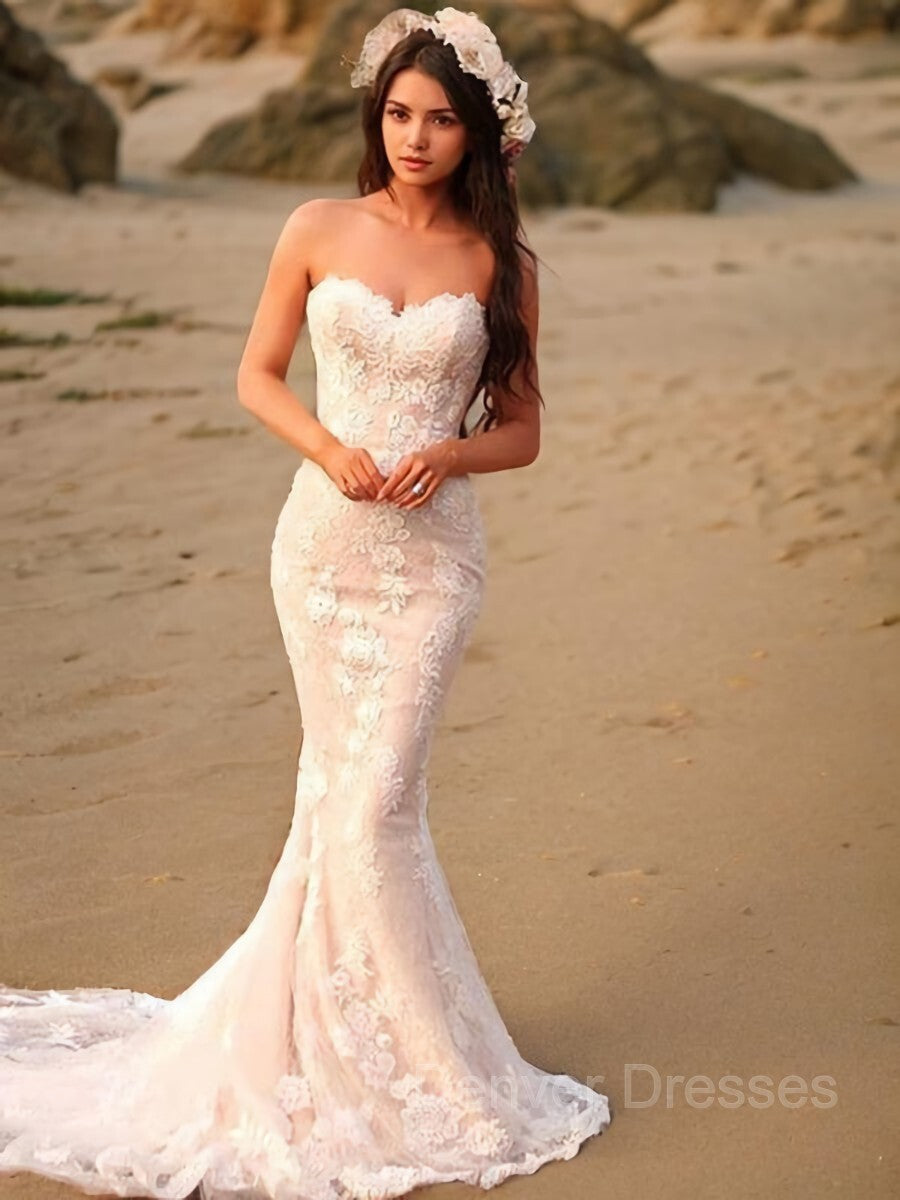 Wedding Dresses Flower, Trumpet/Mermaid Sweetheart Sweep Train Lace Wedding Dresses With Appliques Lace