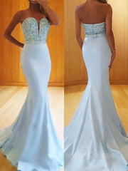 Prom Dresses Blushes, Trumpet/Mermaid Sweetheart Sweep Train Satin Prom Dresses With Beading