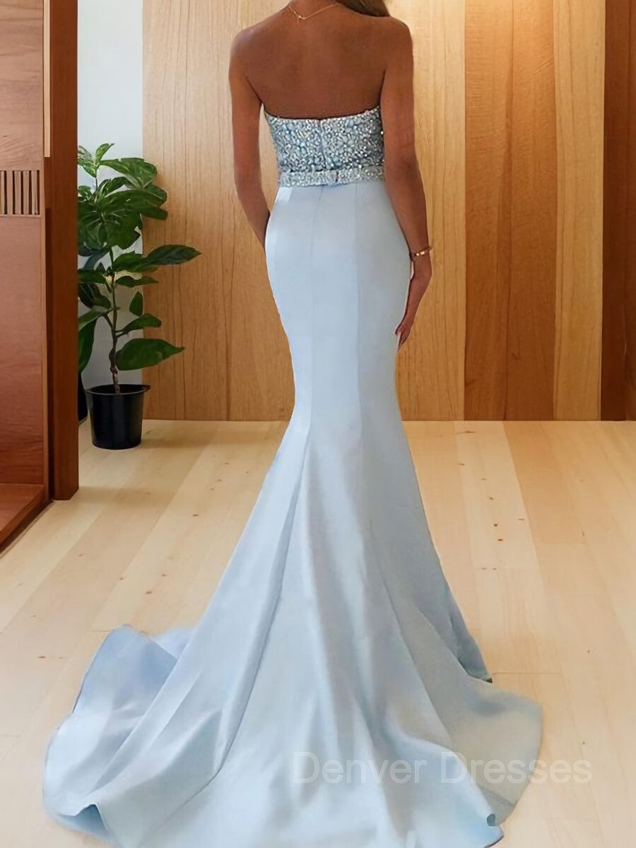 Prom Dresses 2038 Long Sleeve, Trumpet/Mermaid Sweetheart Sweep Train Satin Prom Dresses With Beading