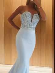 Prom Dresses Blue Lace, Trumpet/Mermaid Sweetheart Sweep Train Satin Prom Dresses With Beading