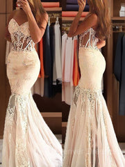 Party Dress For Teen, Trumpet/Mermaid Sweetheart Sweep Train Tulle Prom Dresses With Appliques Lace