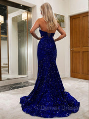 Homecoming Dresses Long, Trumpet/Mermaid Sweetheart Sweep Train Velvet Sequins Evening Dresses With Ruffles