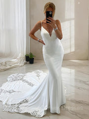 Wedding Dresses With Long Sleves, Trumpet/Mermaid V-neck Cathedral Train Charmeuse Wedding Dresses With Appliques Lace