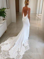Wedding Dress With Sleeves Lace, Trumpet/Mermaid V-neck Cathedral Train Charmeuse Wedding Dresses With Appliques Lace