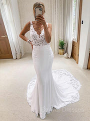 Wedding Dress Shopping Outfits, Trumpet/Mermaid V-neck Cathedral Train Stretch Crepe Wedding Dresses With Appliques Lace