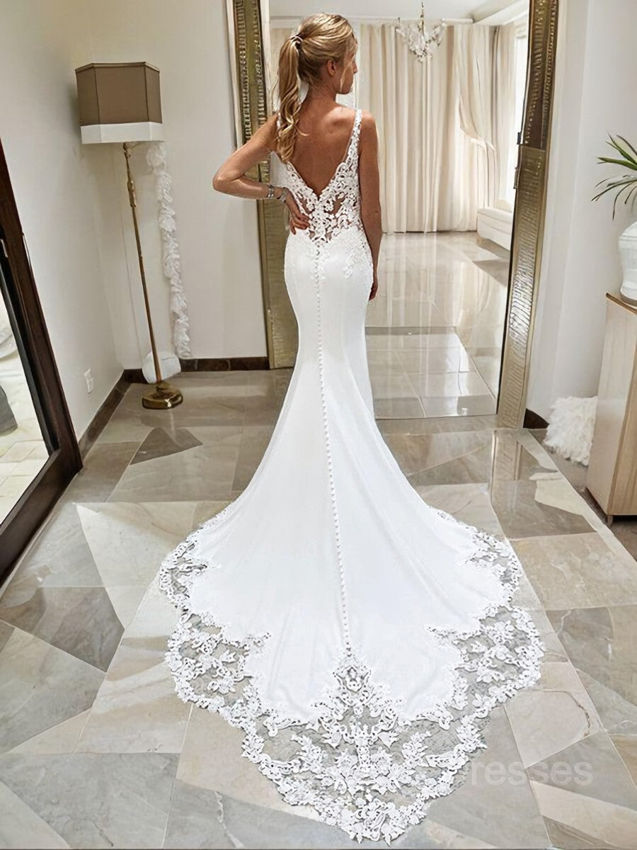 Wedding Dresses Elegant Classy, Trumpet/Mermaid V-neck Cathedral Train Stretch Crepe Wedding Dresses With Appliques Lace