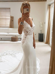 Wedding Dresses Classy Elegant, Trumpet/Mermaid V-neck Cathedral Train Stretch Crepe Wedding Dresses With Appliques Lace