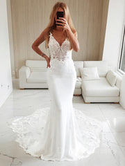 Weddings Dress Long Sleeve, Trumpet/Mermaid V-neck Cathedral Train Stretch Crepe Wedding Dresses With Appliques Lace