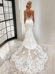 Wedding Dress Long Sleeves, Trumpet/Mermaid V-neck Cathedral Train Stretch Crepe Wedding Dresses With Appliques Lace