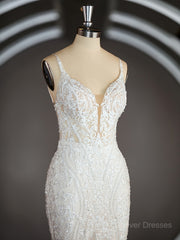 Wedding Dresses Simple Lace, Trumpet/Mermaid V-neck Cathedral Train Tulle Wedding Dresses with Appliques Lace