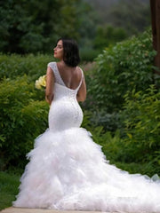 Wedding Dress Simple, Trumpet/Mermaid V-neck Cathedral Train Tulle Wedding Dresses With Beading