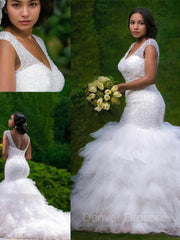 Wedding Dress Lace, Trumpet/Mermaid V-neck Cathedral Train Tulle Wedding Dresses With Beading
