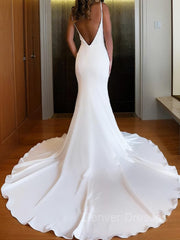 Wedding Dress Backs, Trumpet/Mermaid V-neck Chapel Train Charmeuse Wedding Dresses