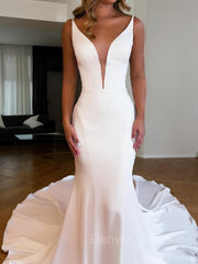 Wedding Dress Perfect For Summer, Trumpet/Mermaid V-neck Chapel Train Charmeuse Wedding Dresses