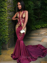 Formal Dresses 2038, Trumpet/Mermaid V-neck Chapel Train Silk like Satin Prom Dresses